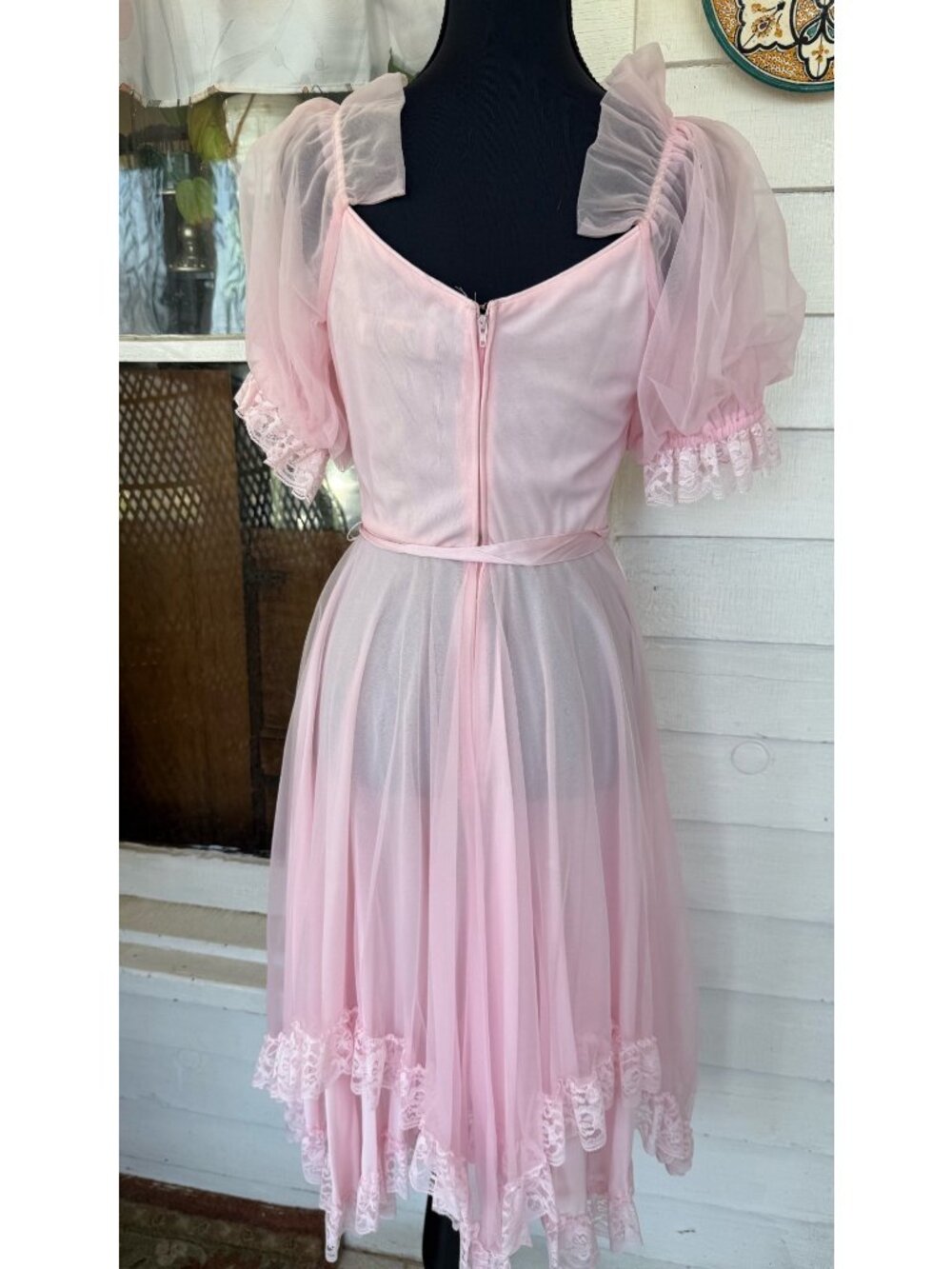 Vintage 80s Bubble Gum Pink Sheer Nylon & Lace Party Dress Balloon Sleeves Sz M - Picture 3 of 16